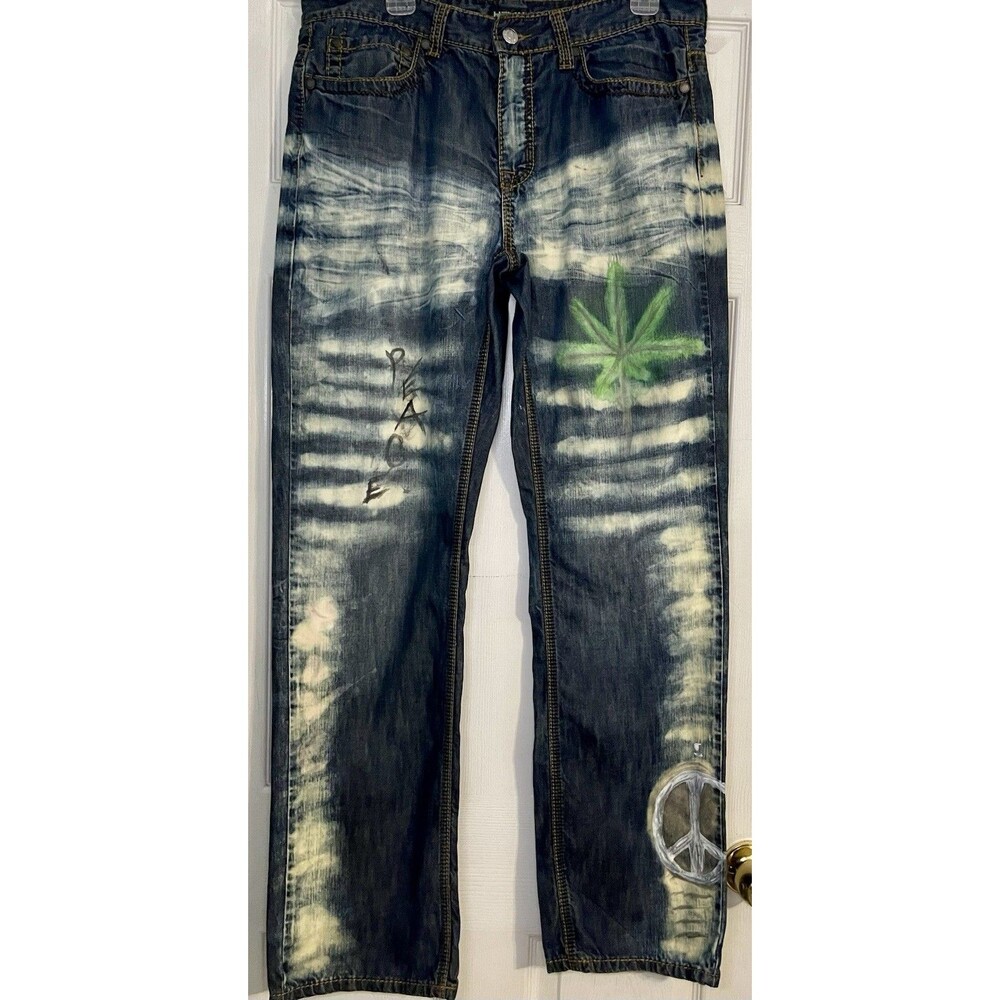Helix 34 X 32 Men's Custom Graphic Denim Jeans - Peace & Leaf Bleach Wash